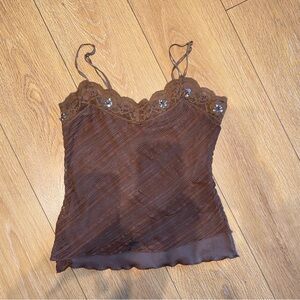 SOLD - Y2K Arden B Brown Lace Trim fair core beaded Women's Top